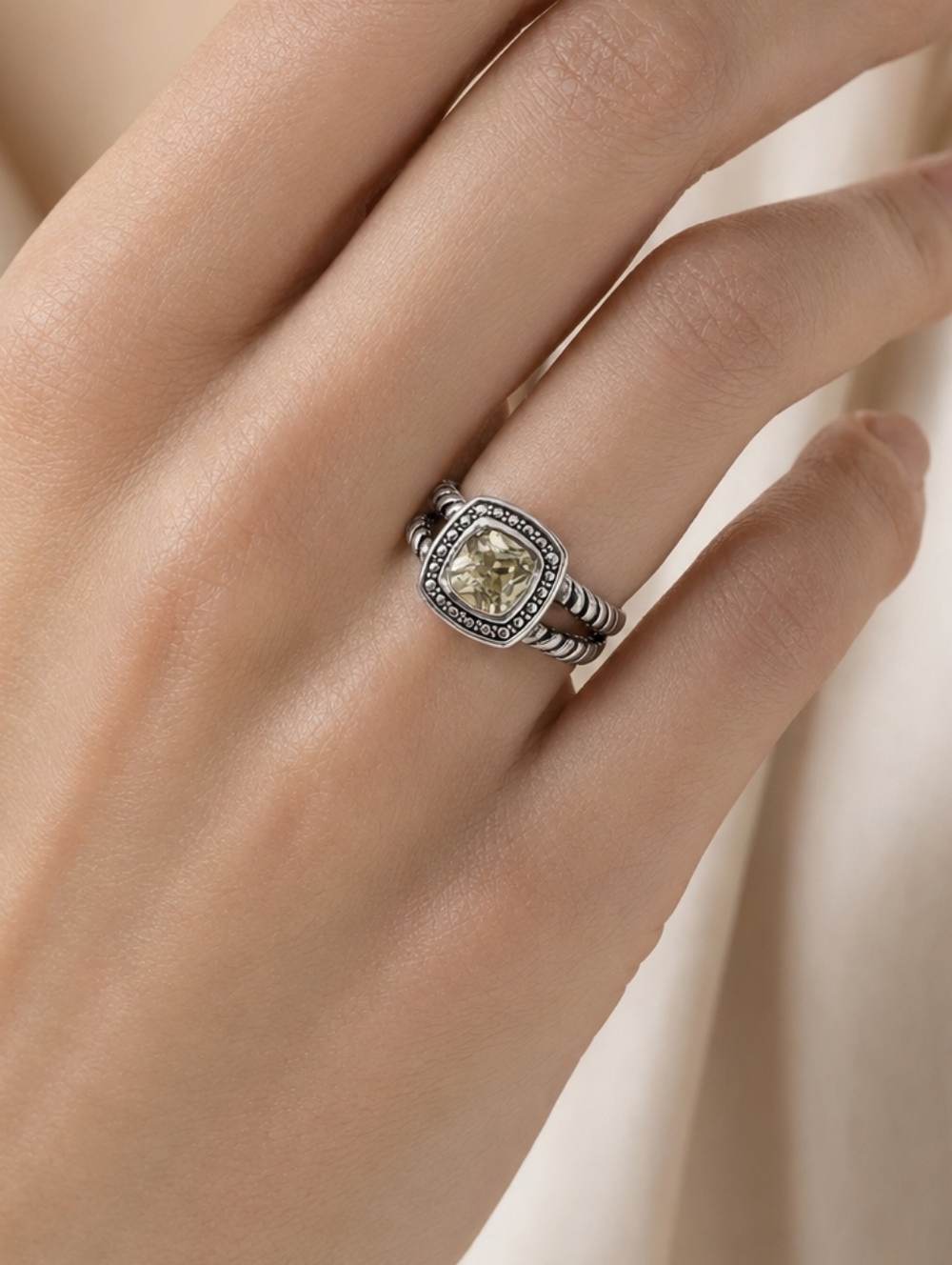 Silver Champagne Cushion Cut Crystal Ring – Size 8